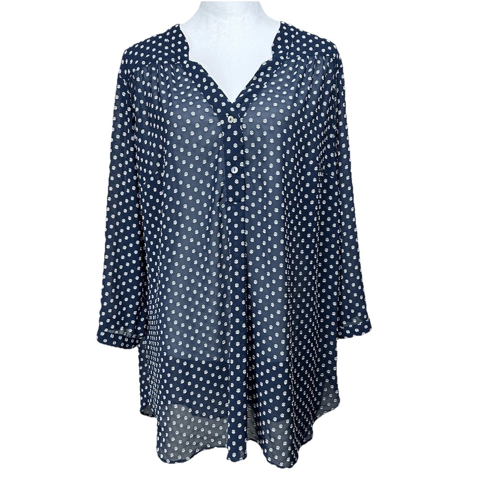 41 Hawthorn Women's Top Tunic Blouse Plus Sz 2X Navy White Polka Dots Sheer